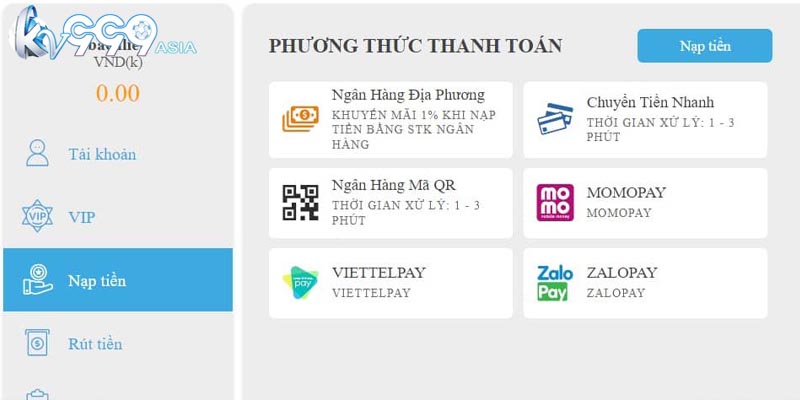 Các phương thức nạp tiền KV999 được hỗ trợ